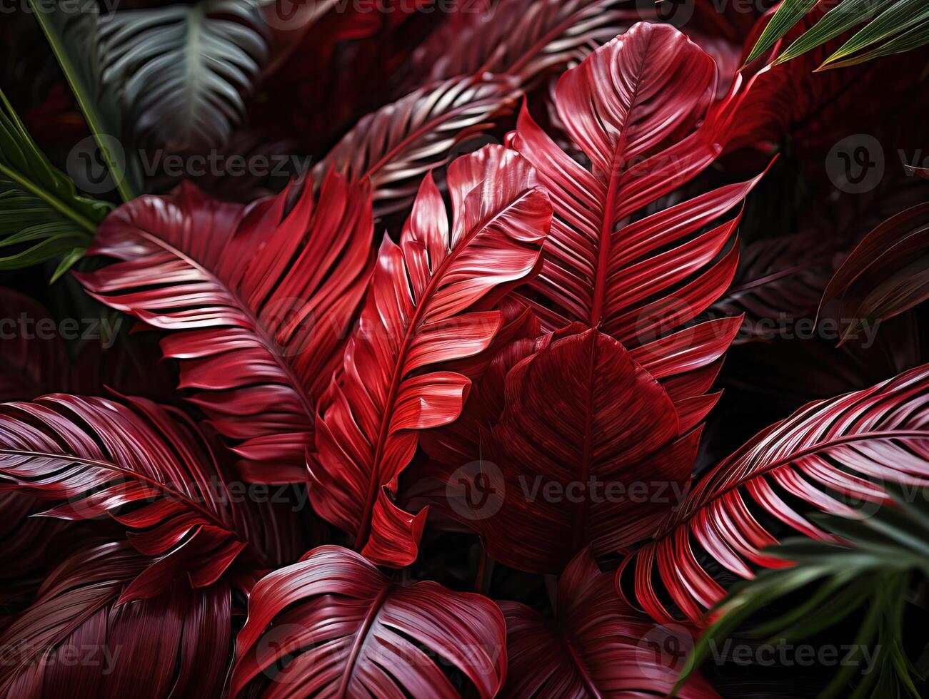 AI generated beautiful red jungle of lush palm leaves Generative AI photo