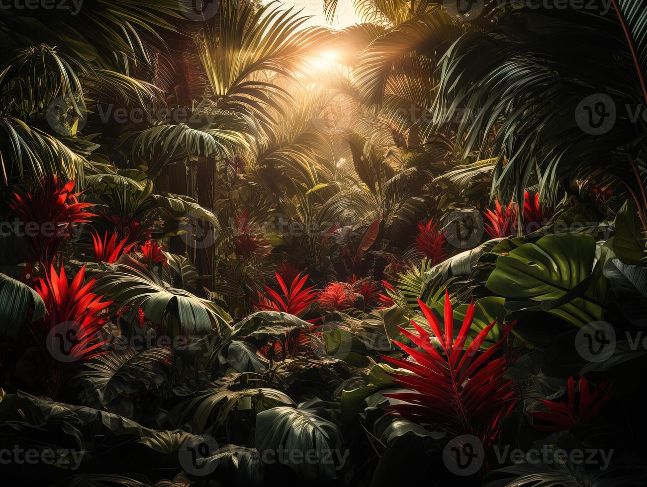 AI generated beautiful red jungle of lush palm leaves Generative AI photo