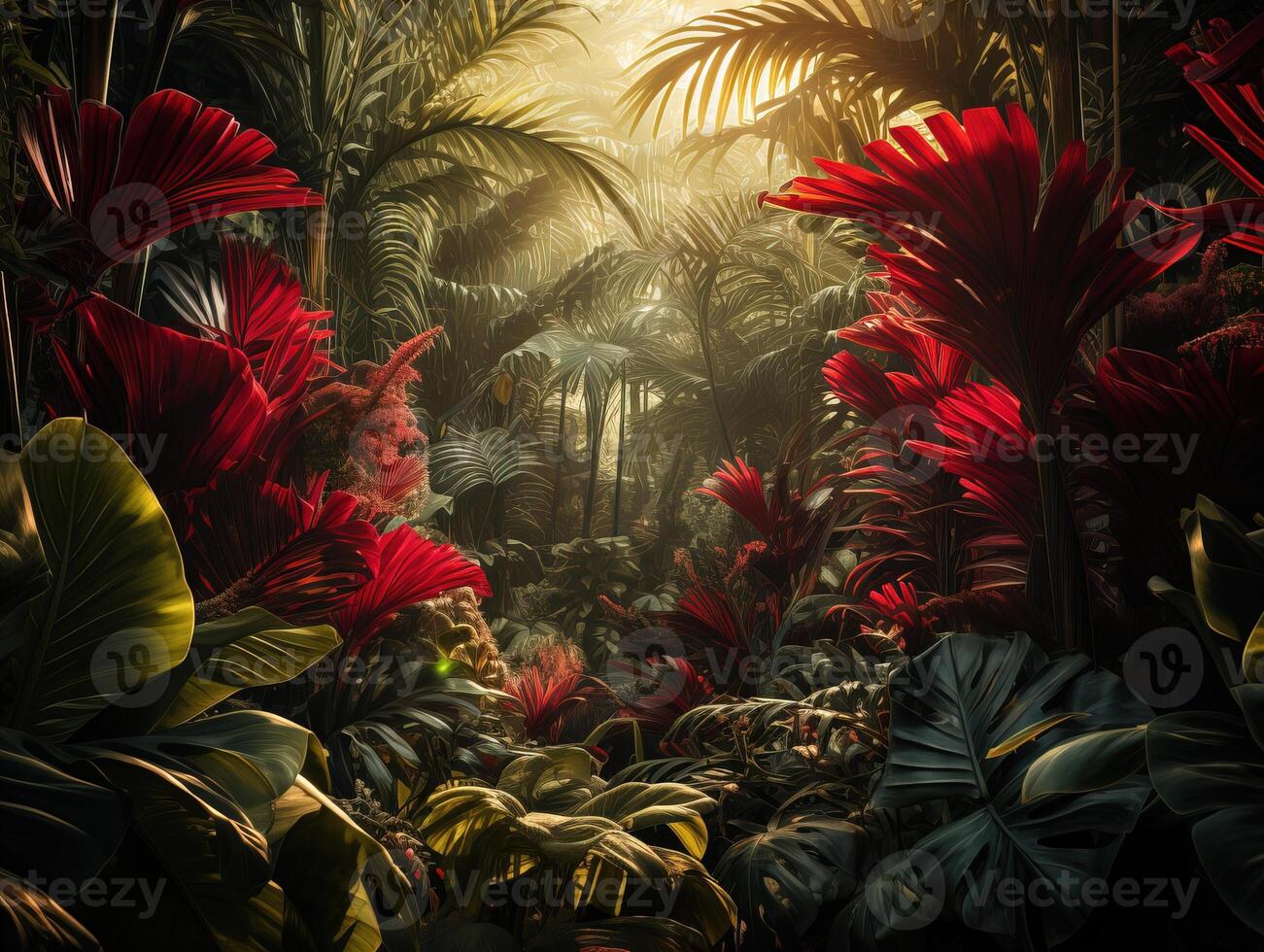 AI generated beautiful red jungle of lush palm leaves Generative AI photo