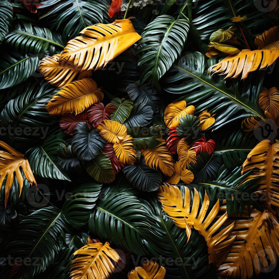 AI generated beautiful red green yellow jungle of lush palm leaves Generative AI photo