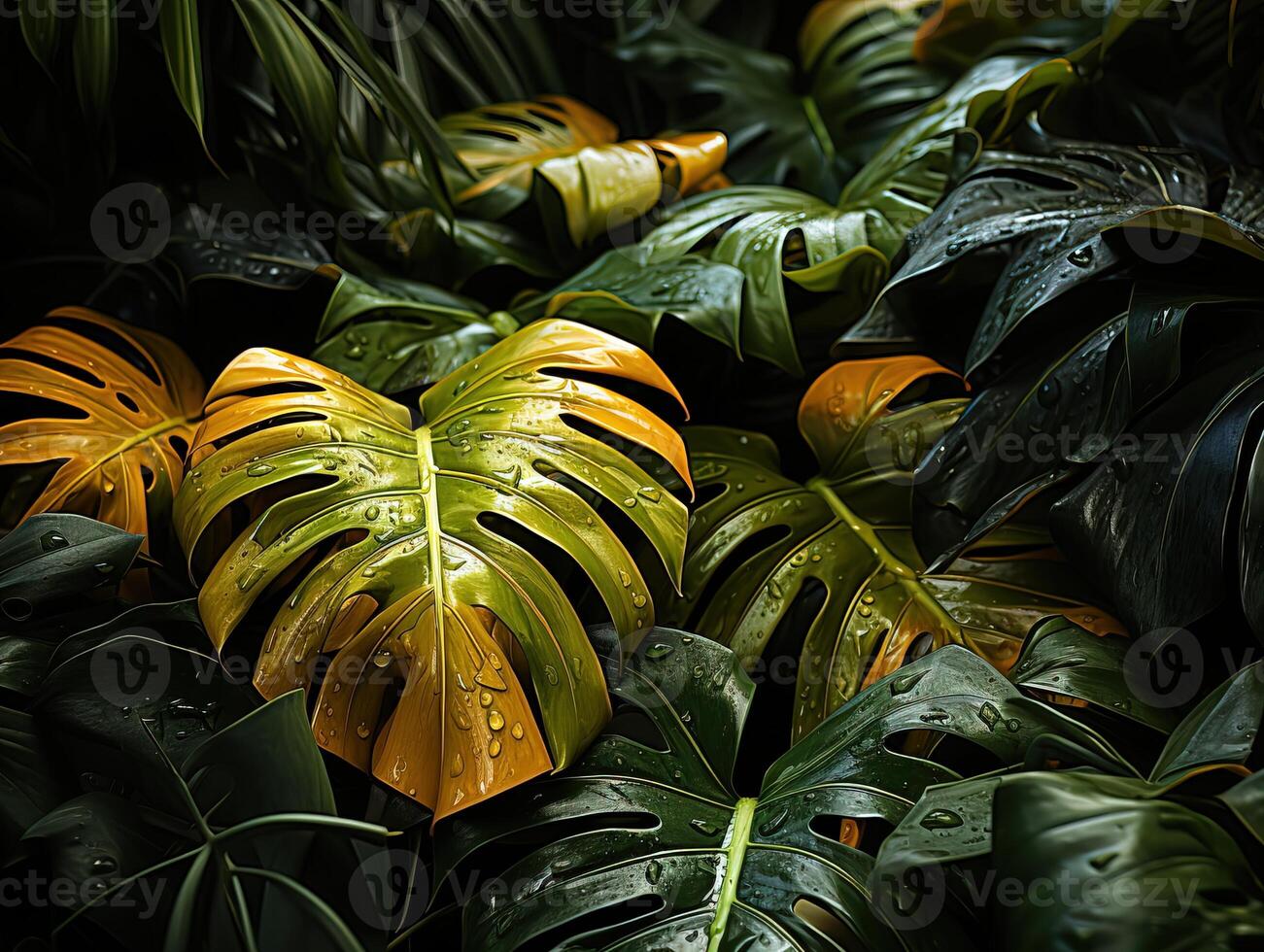 AI generated beautiful red green yellow jungle of lush palm leaves Generative AI photo