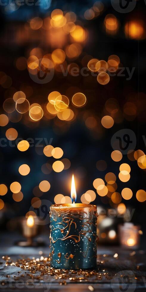 AI generated candles on abstract black background  with blurry lights Generative AI photo
