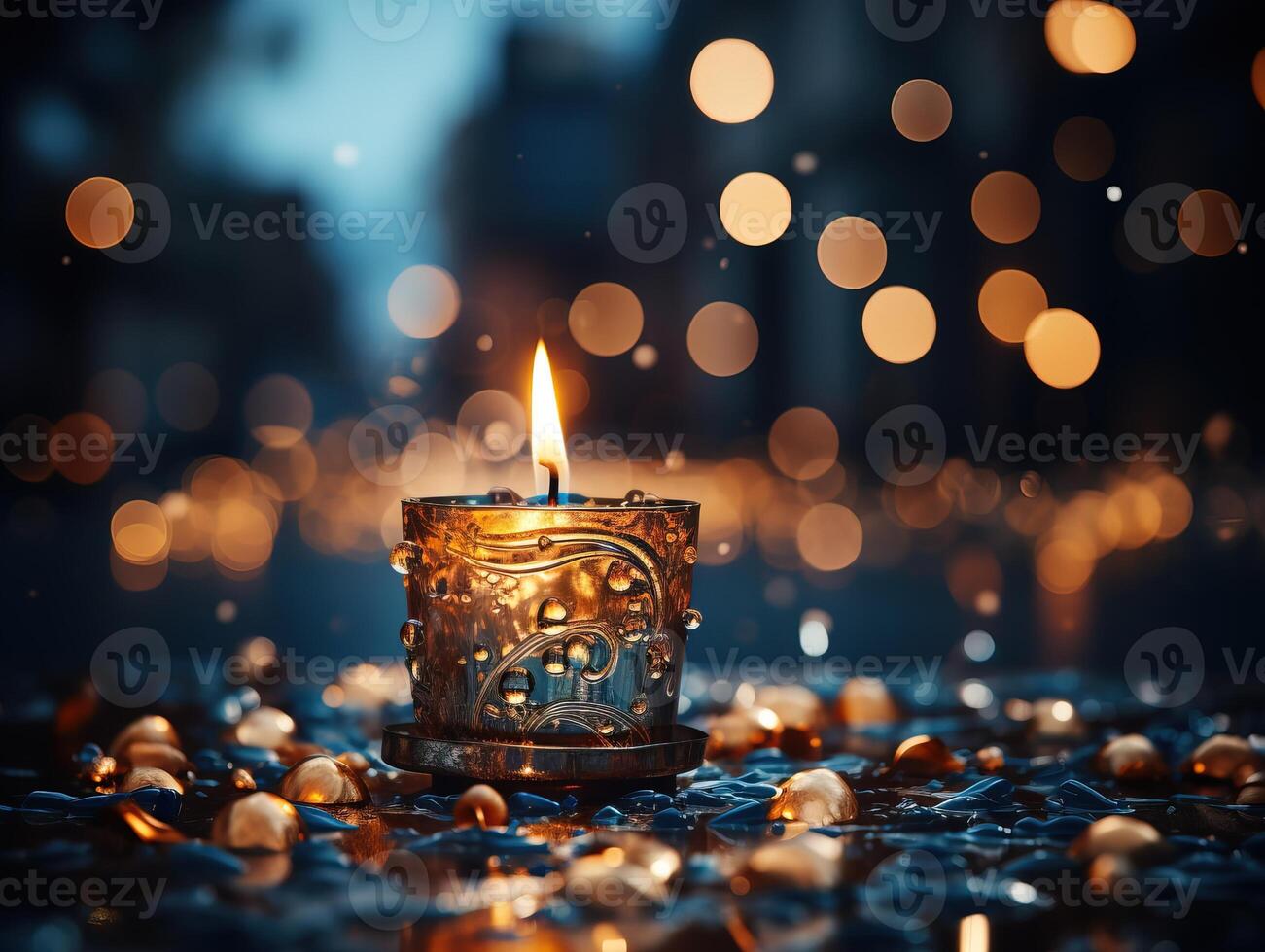 AI generated candles on abstract black background  with blurry lights Generative AI photo
