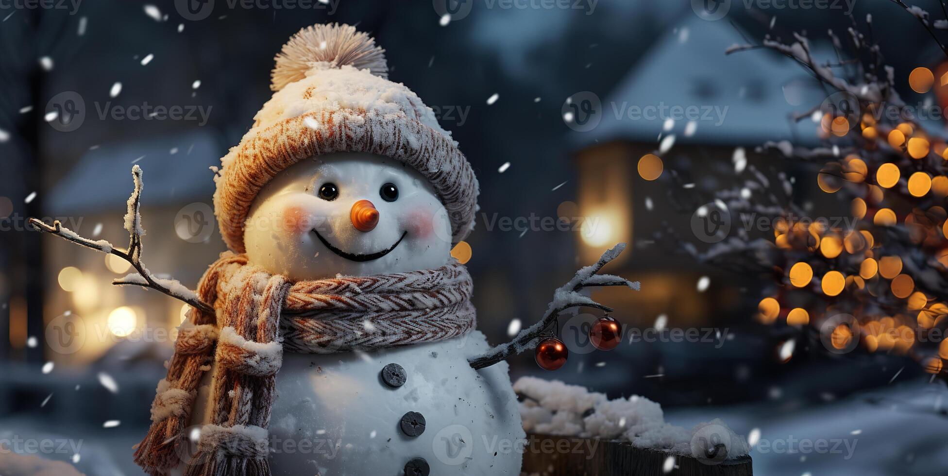 AI generated snowman on a blurred background bright lights postcard Generative AI photo