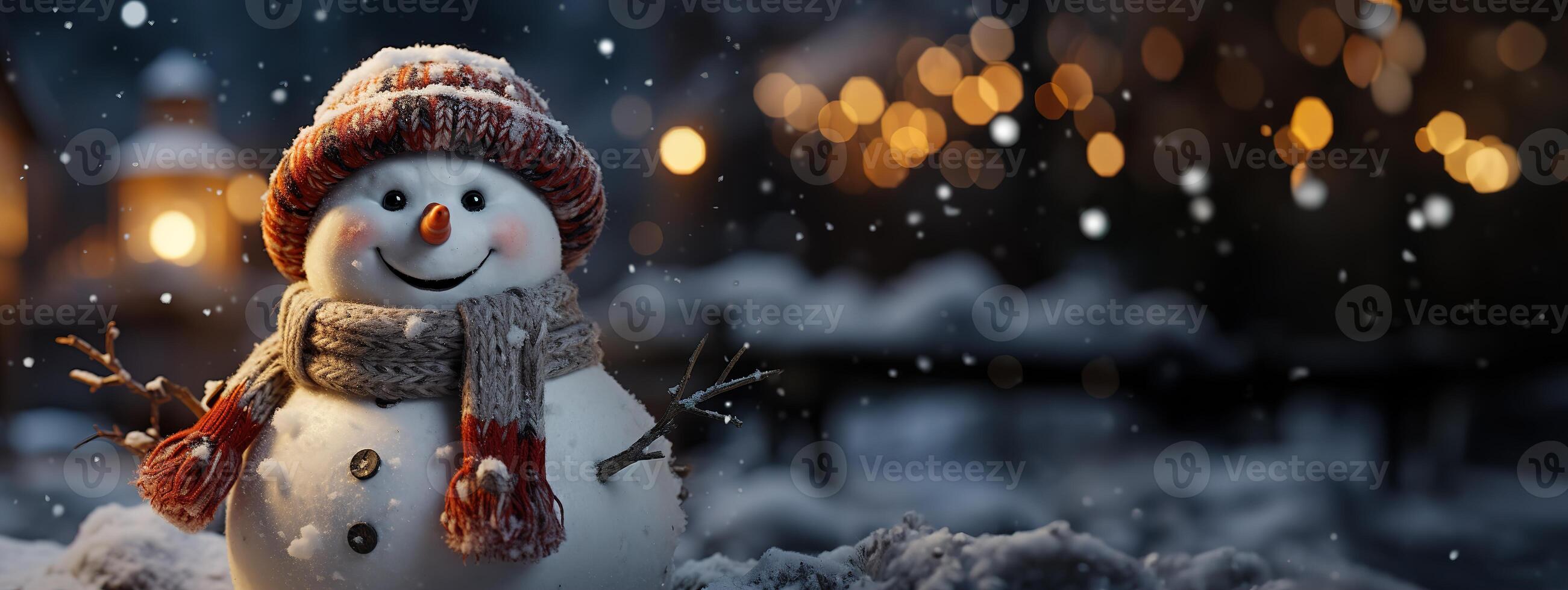 AI generated snowman on a blurred background bright lights postcard Generative AI photo