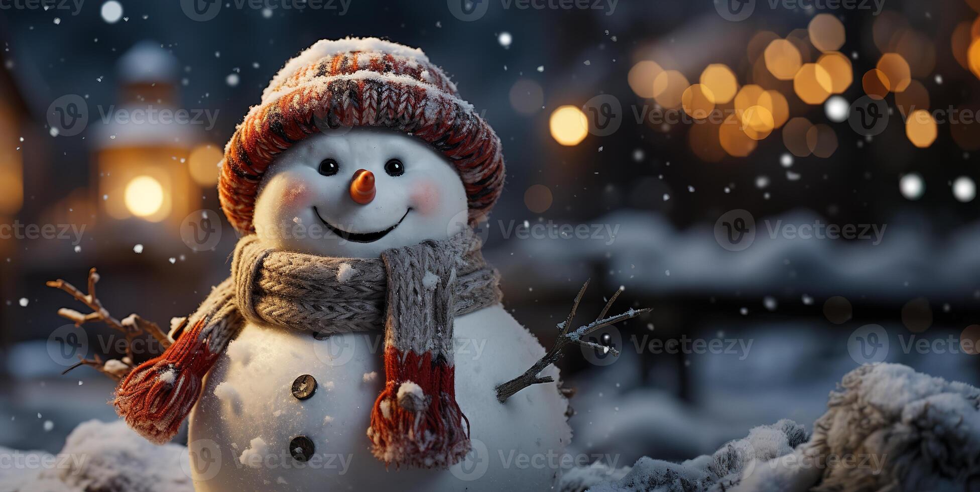 AI generated snowman on a blurred background bright lights postcard Generative AI photo