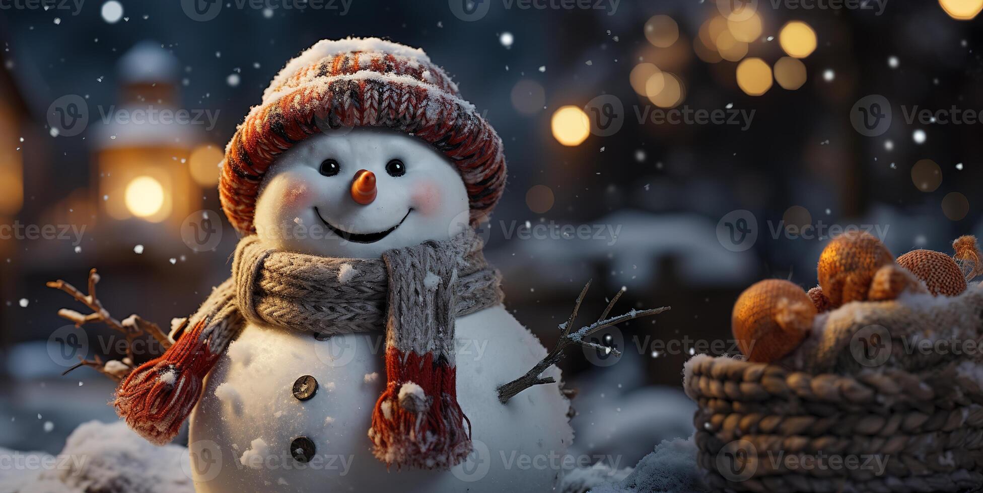 AI generated snowman on a blurred background bright lights postcard Generative AI photo