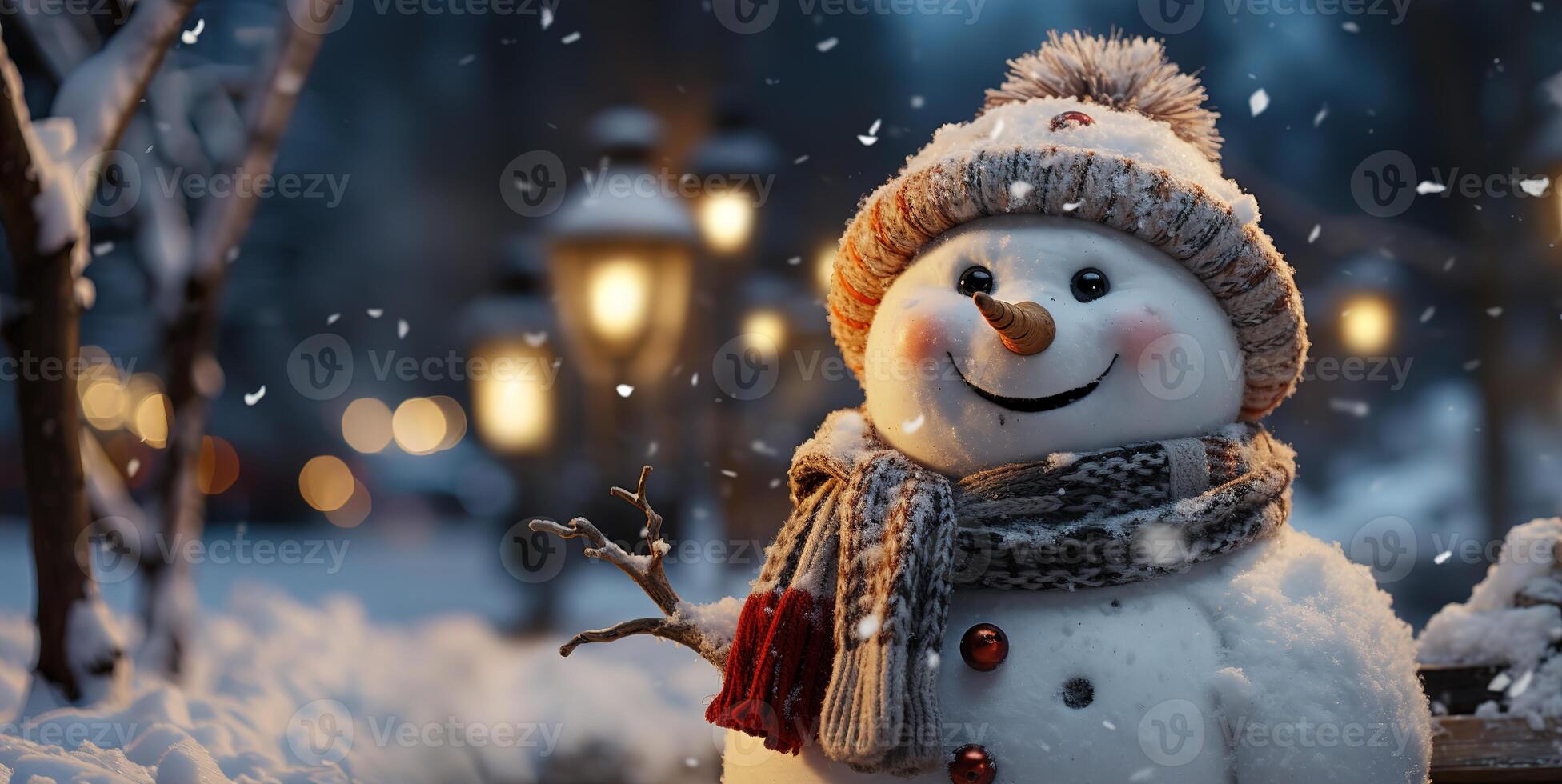 AI generated snowman on a blurred background bright lights postcard Generative AI photo