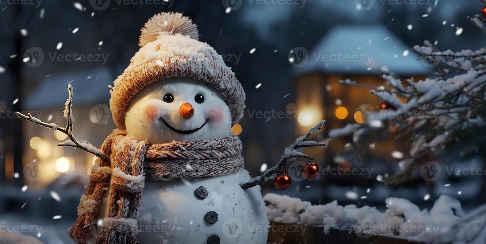 AI generated snowman on a blurred background bright lights postcard Generative AI photo