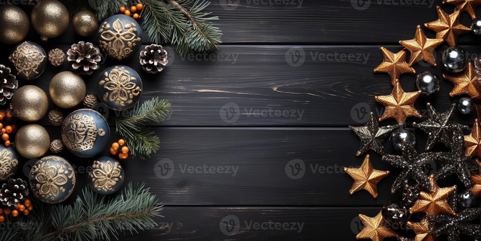 AI generated christmas tree christmas toys on wooden background Generative AI photo