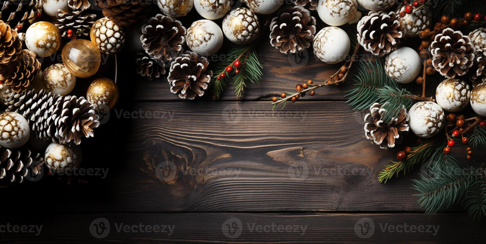 AI generated christmas tree christmas toys on wooden background Generative AI photo