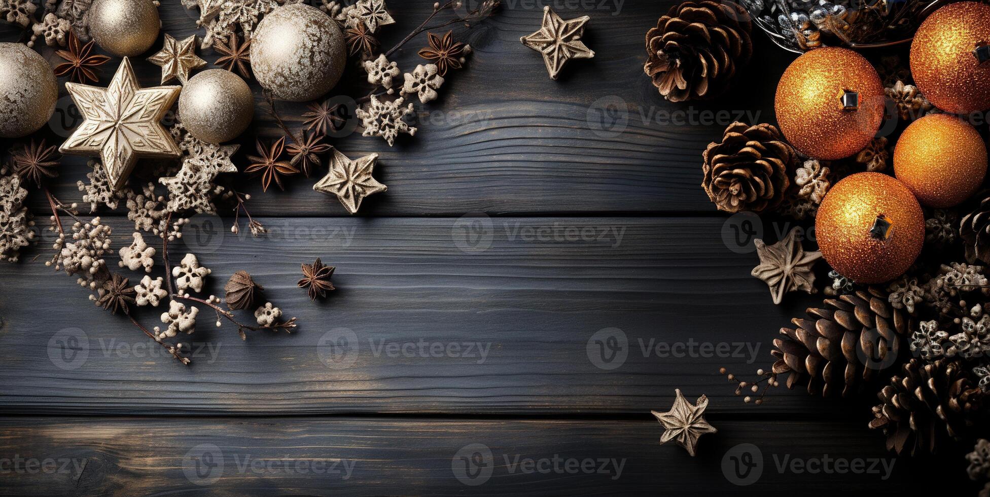 AI generated christmas tree christmas toys on wooden background Generative AI photo