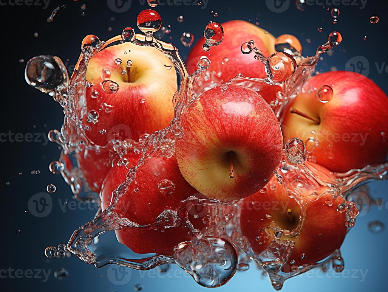 AI generated apples on branches splashing water dew Generative AI photo