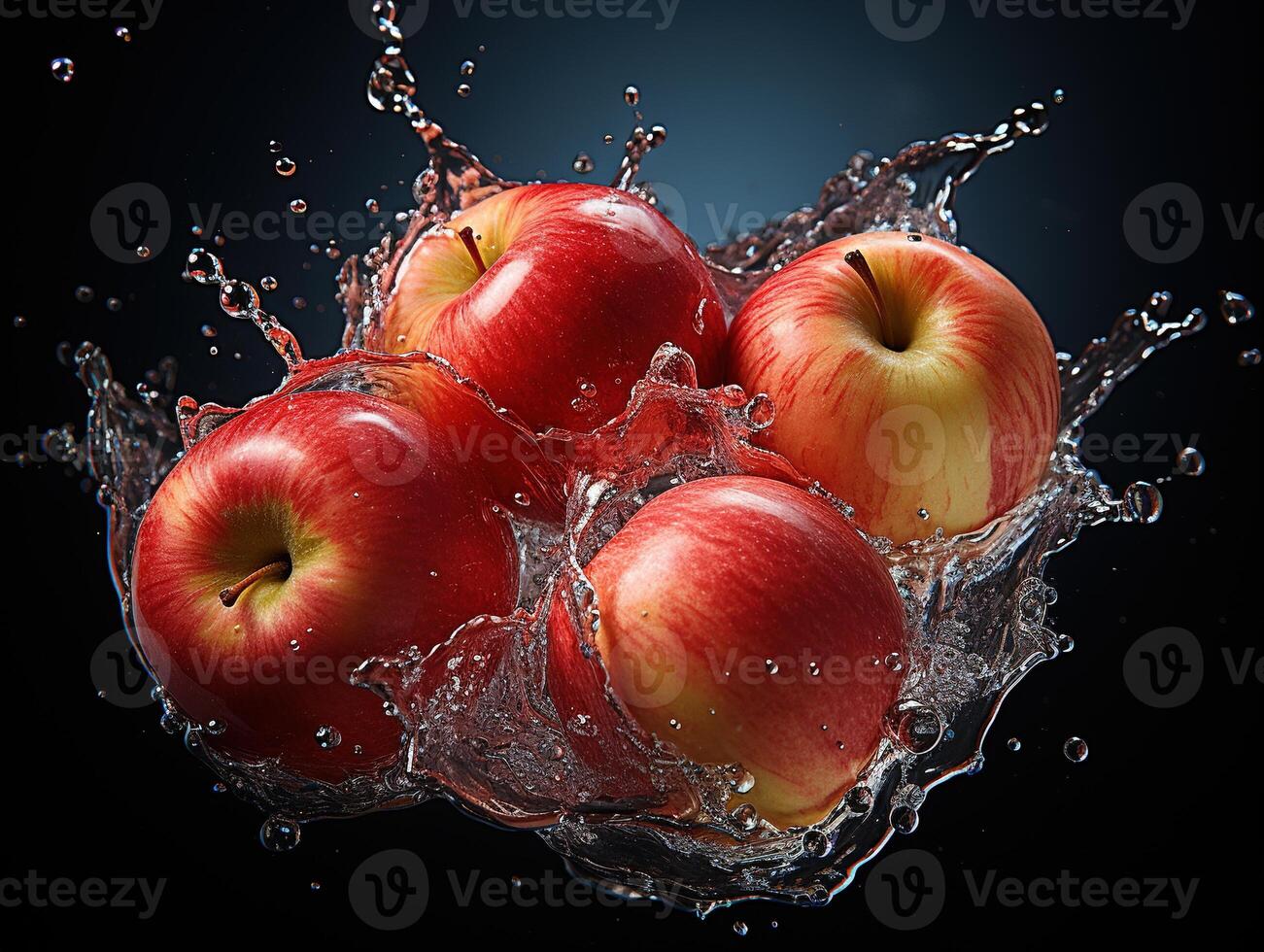 AI generated apples on branches splashing water dew Generative AI photo