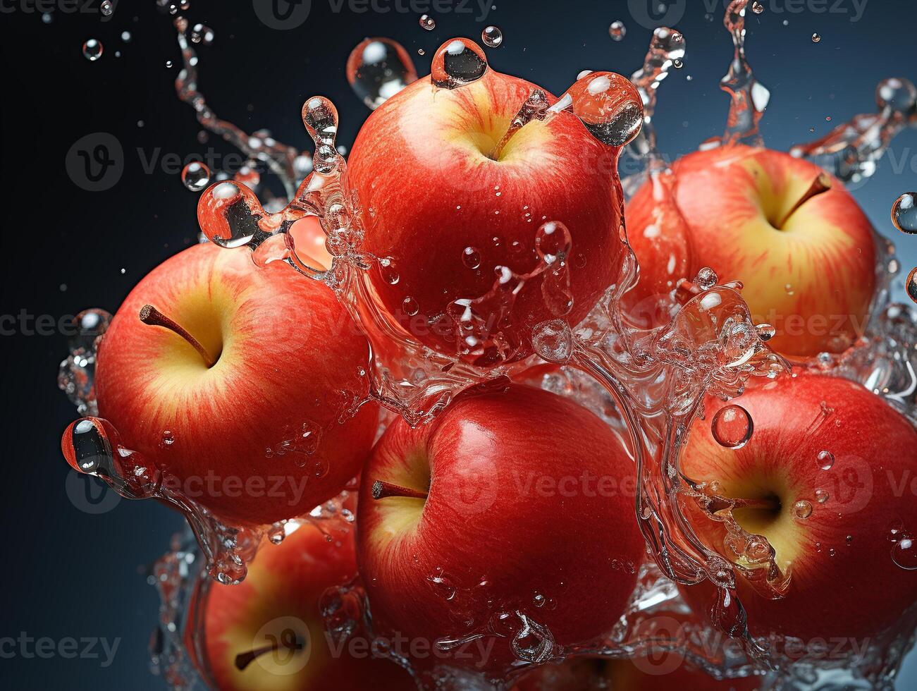 AI generated apples on branches splashing water dew Generative AI photo