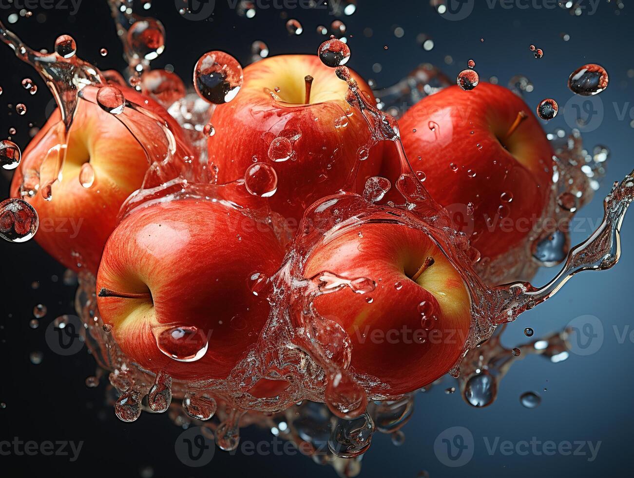 AI generated apples on branches splashing water dew Generative AI photo