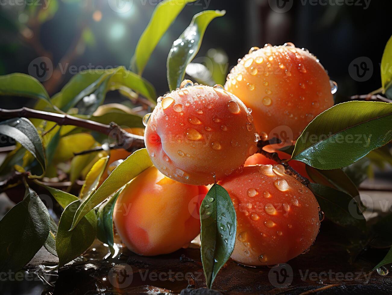 AI generated peaches on branches in dew Generative AI photo
