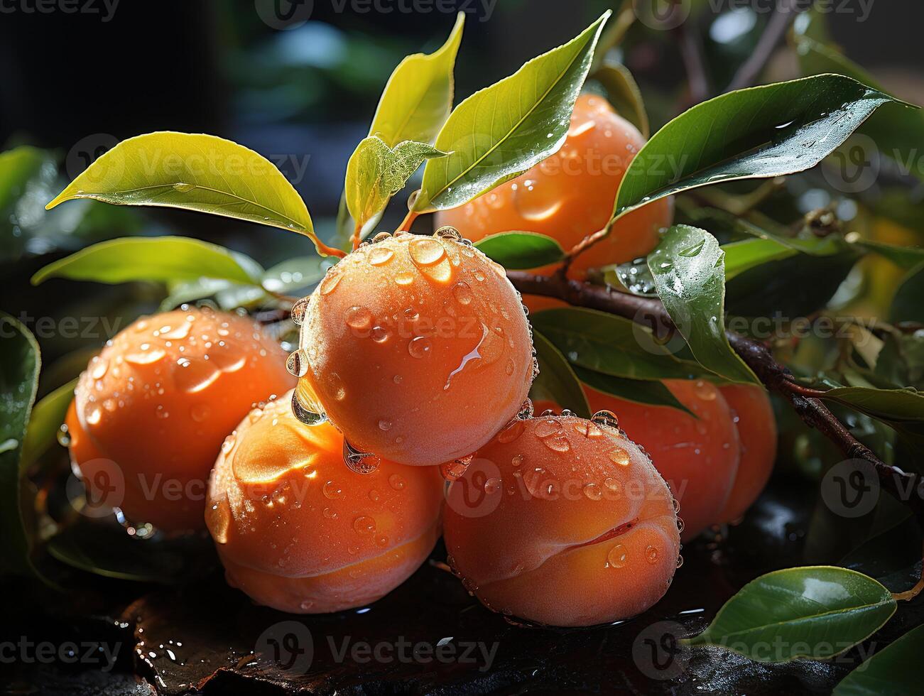AI generated peaches on branches in dew Generative AI photo