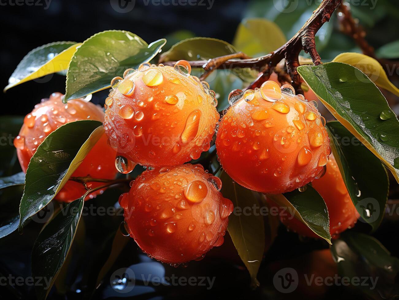AI generated peaches on branches in dew Generative AI photo