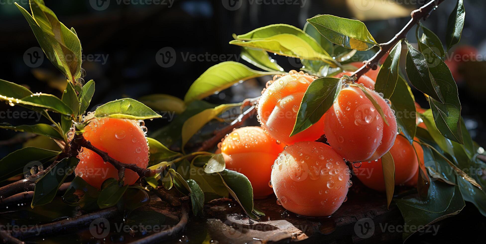 AI generated peaches on branches in dew Generative AI photo