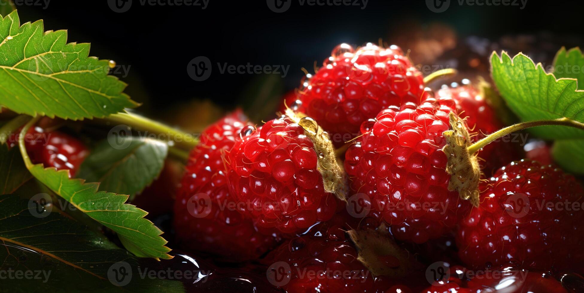 AI generated raspberries on the branches in the dew Generative AI photo