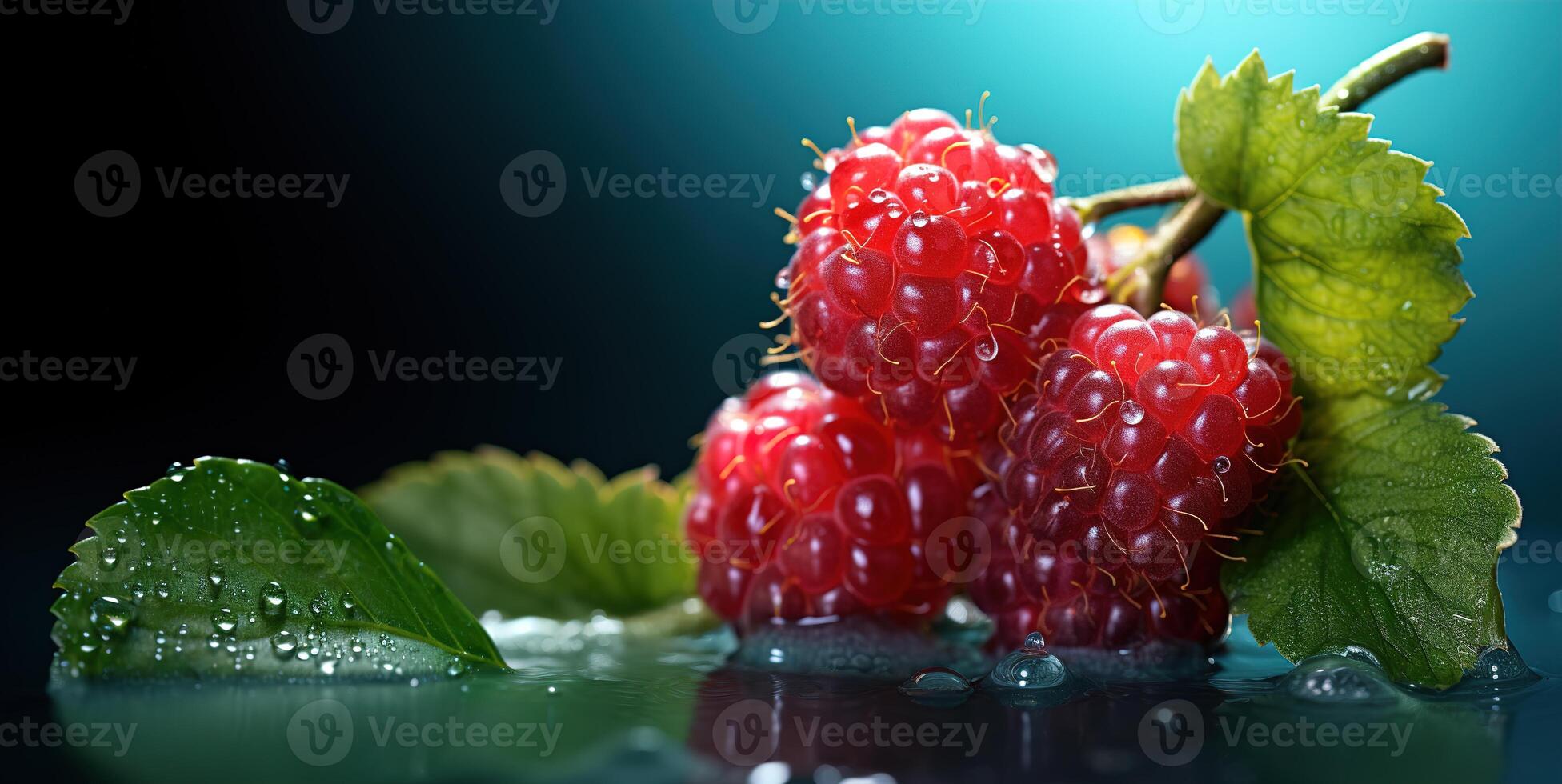 AI generated raspberries on the branches in the dew Generative AI photo