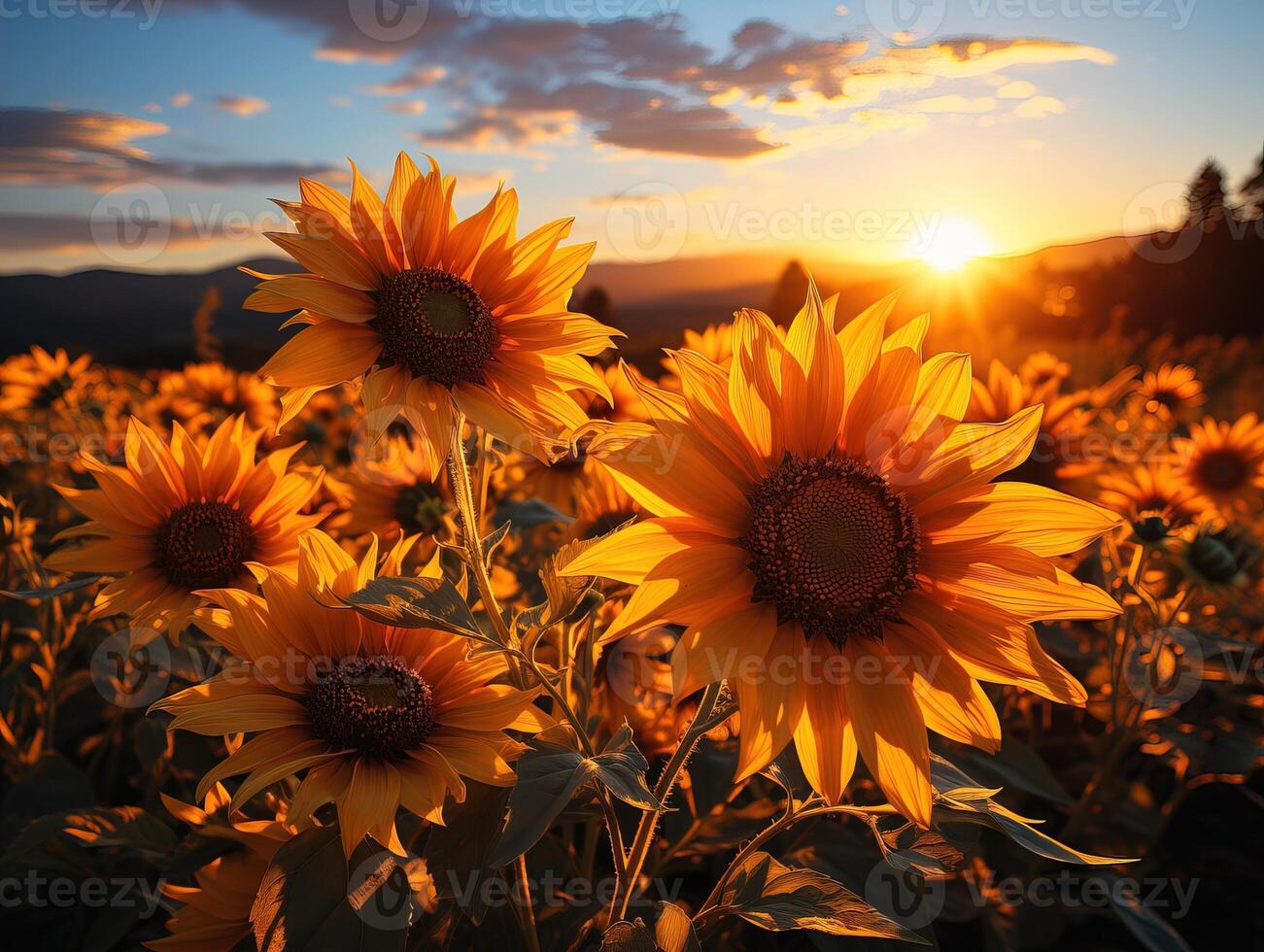 AI generated sunflowers at sunset Generative AI photo