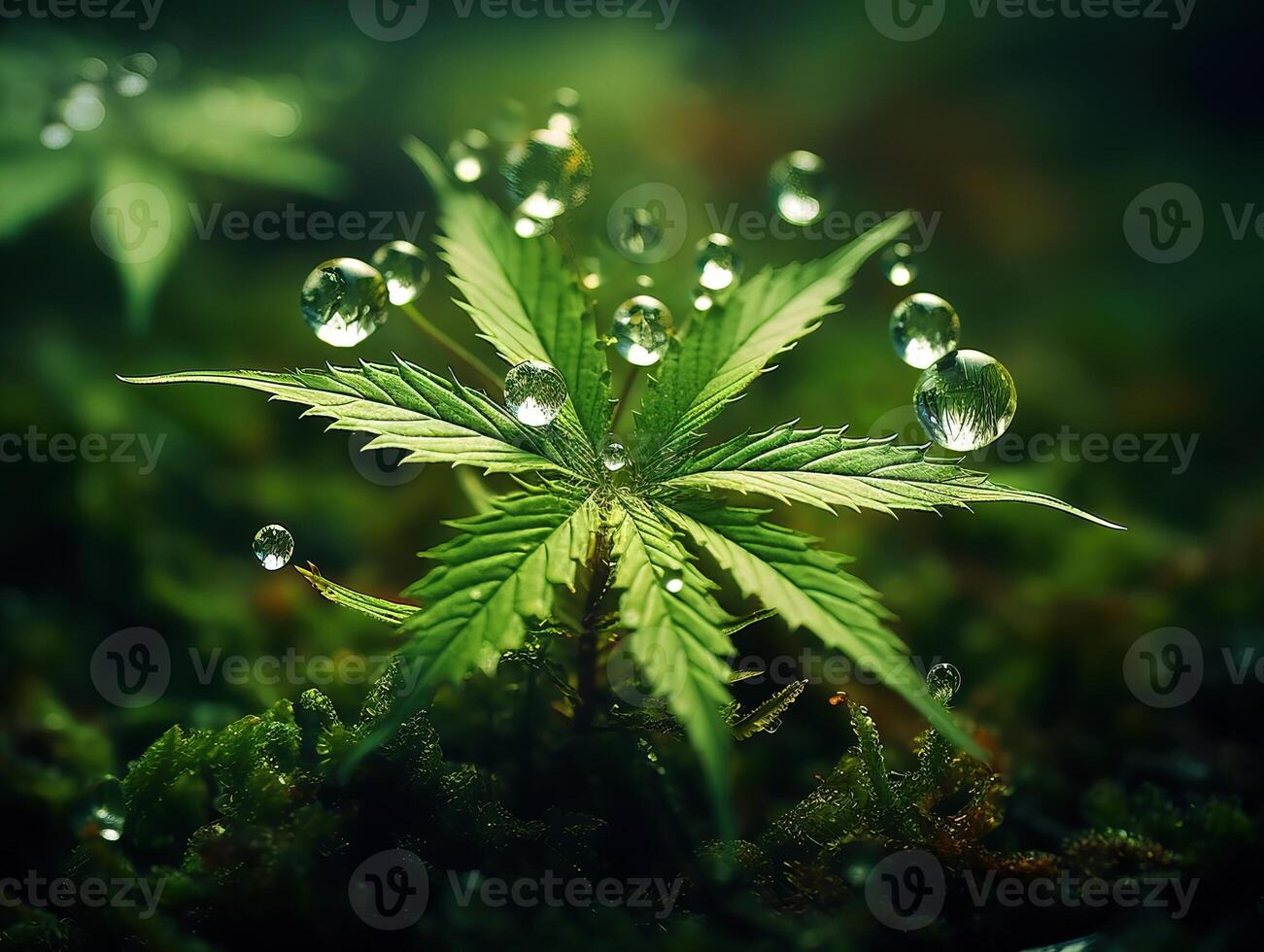 AI generated hemp leaves in dew Generative AI photo