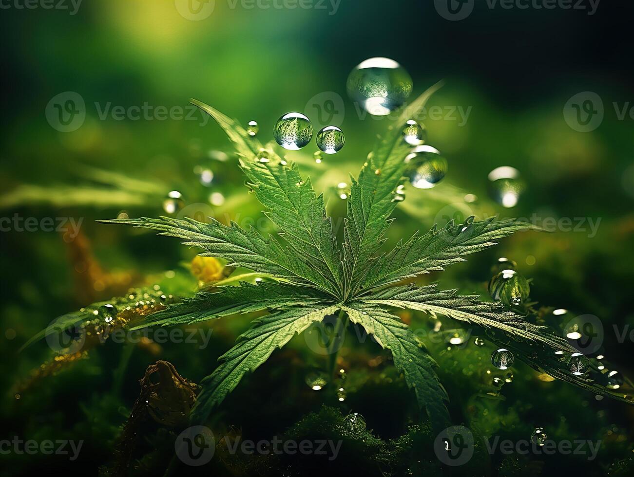 AI generated hemp leaves in dew Generative AI photo