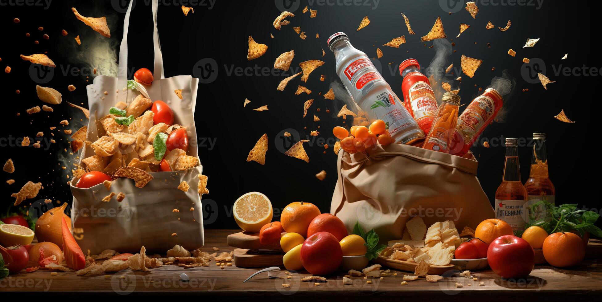 AI generated paper bag with flying products foods online grocery delivery Generative AI photo