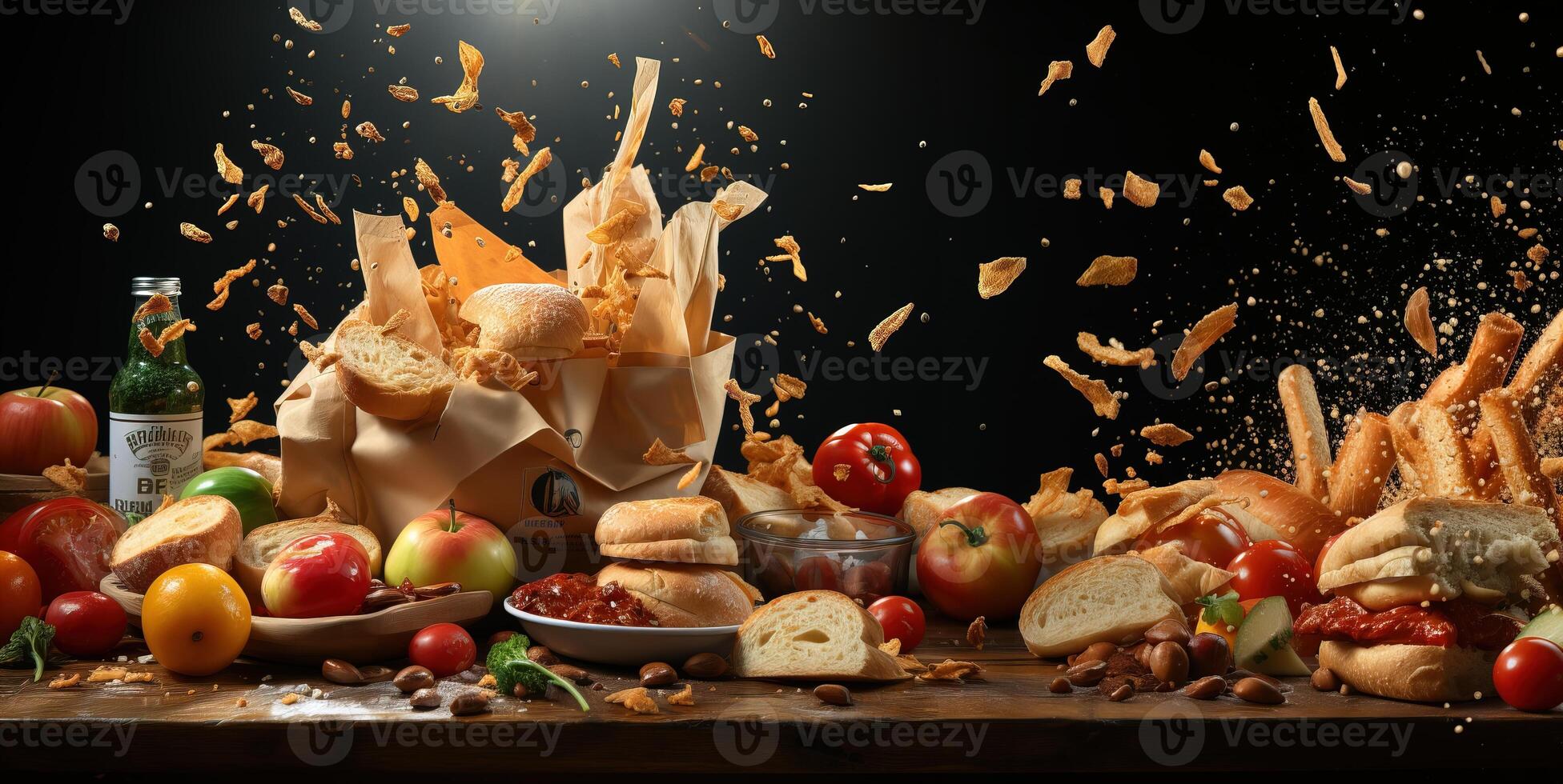AI generated paper bag with flying products foods online grocery delivery Generative AI photo