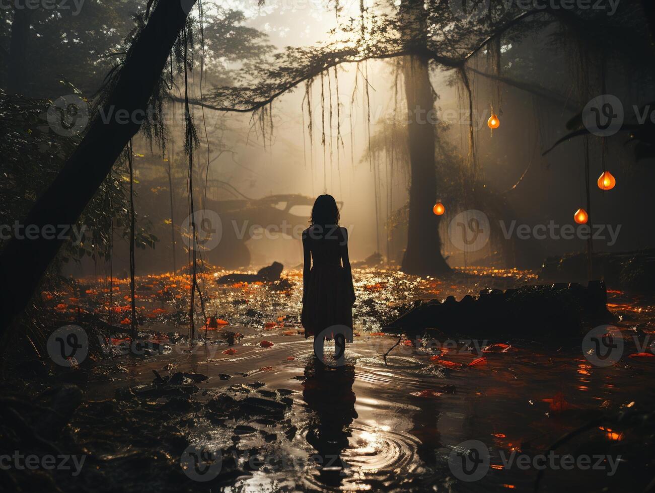 AI generated back view of a traveler in the forest against the backdrop of sunset Generative AI photo