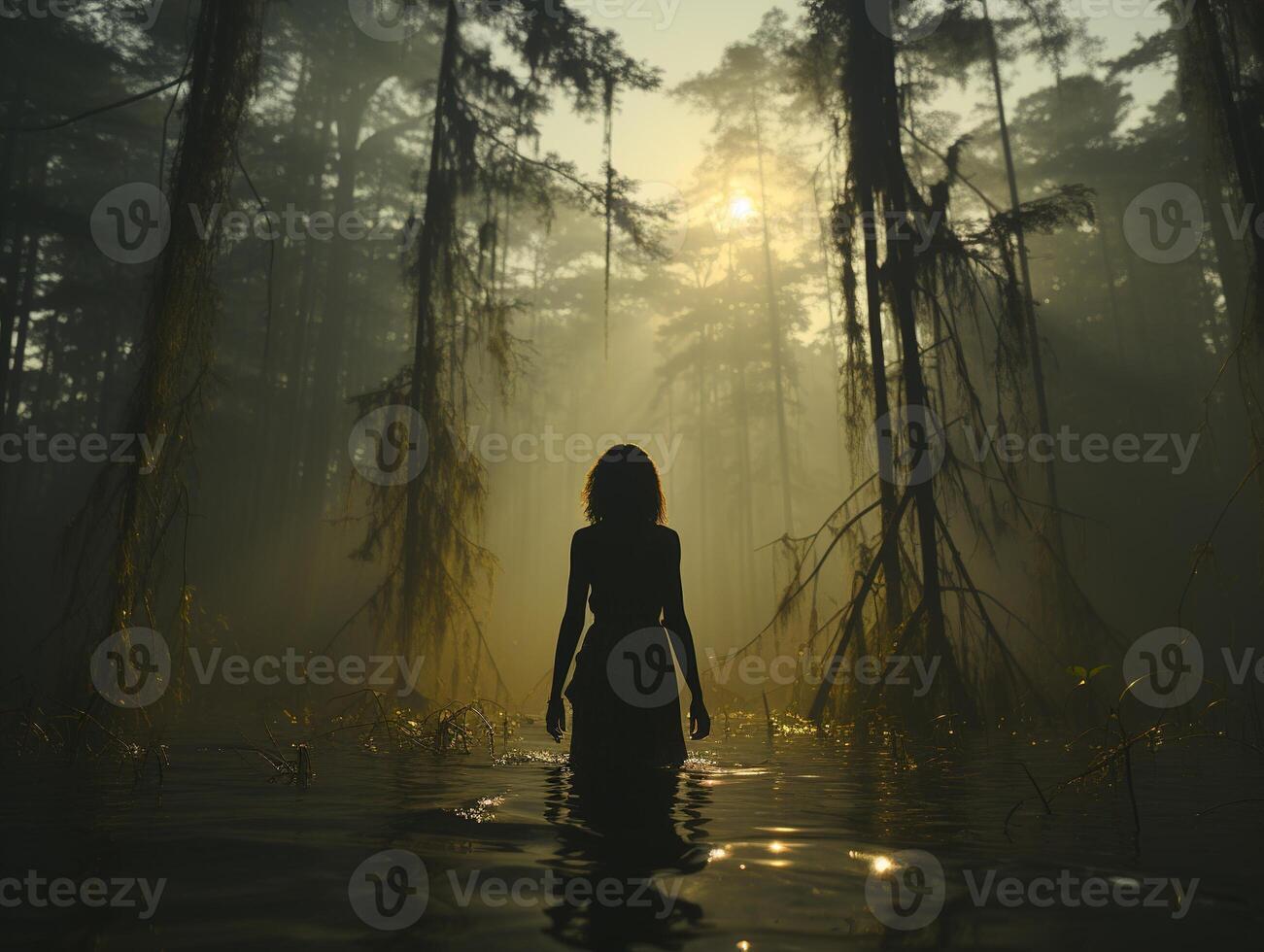 AI generated back view of a traveler in the forest against the backdrop of sunset Generative AI photo