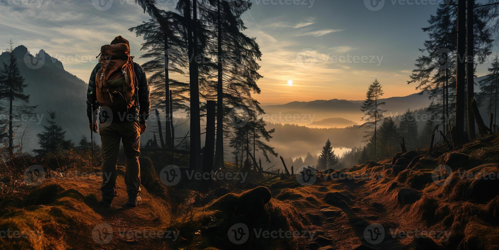 AI generated back view of a traveler in the forest against the backdrop of sunset Generative AI photo