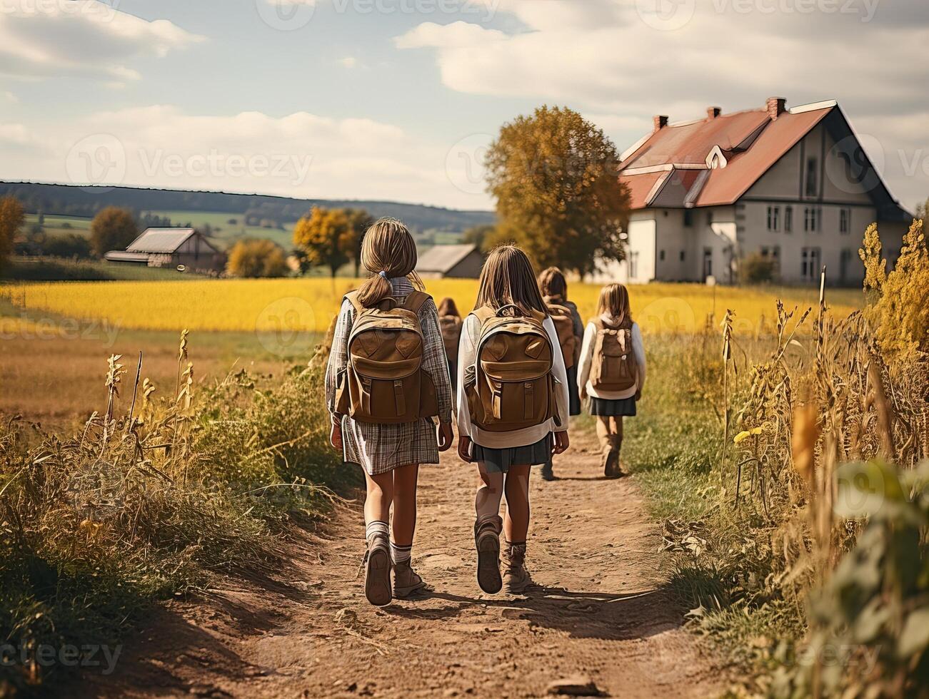 AI generated children with backpacks go to school Generative AI photo