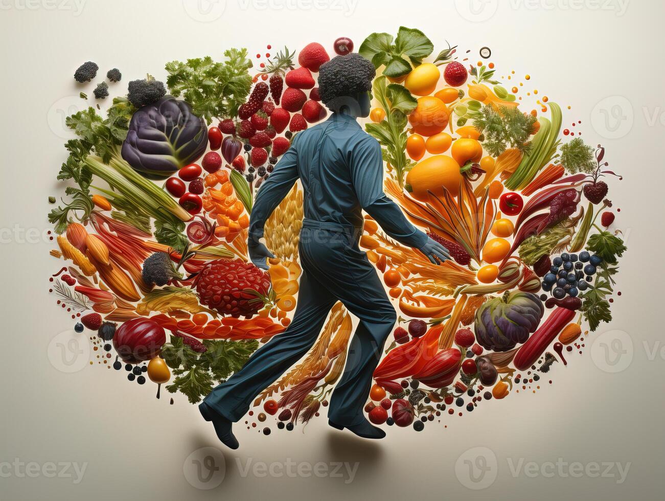 AI generated silhouette of a man running on the background of vegetables and fruits healthy eating Generative AI photo