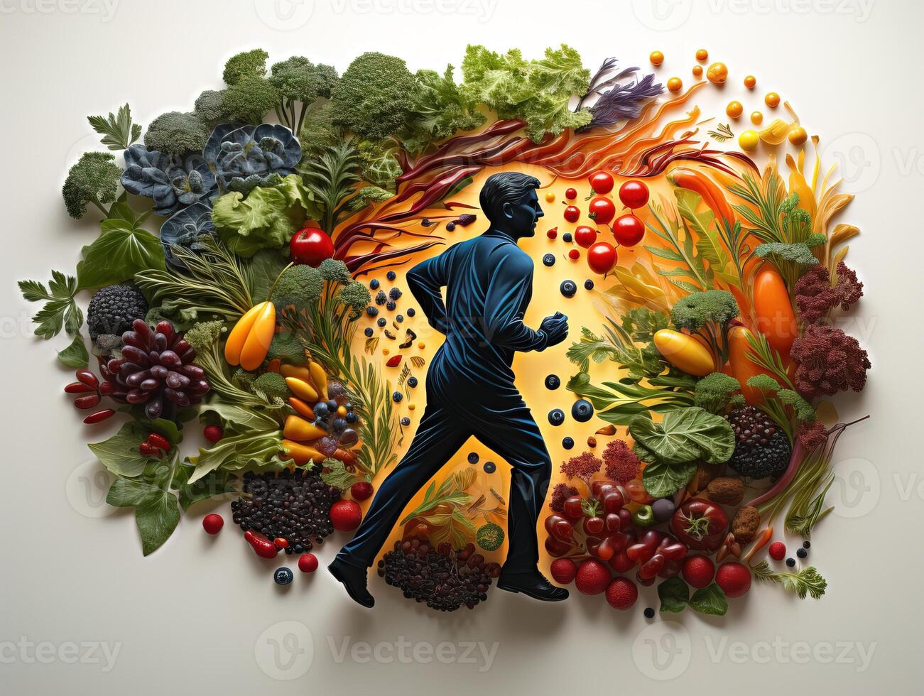 AI generated silhouette of a man running on the background of vegetables and fruits healthy eating Generative AI photo