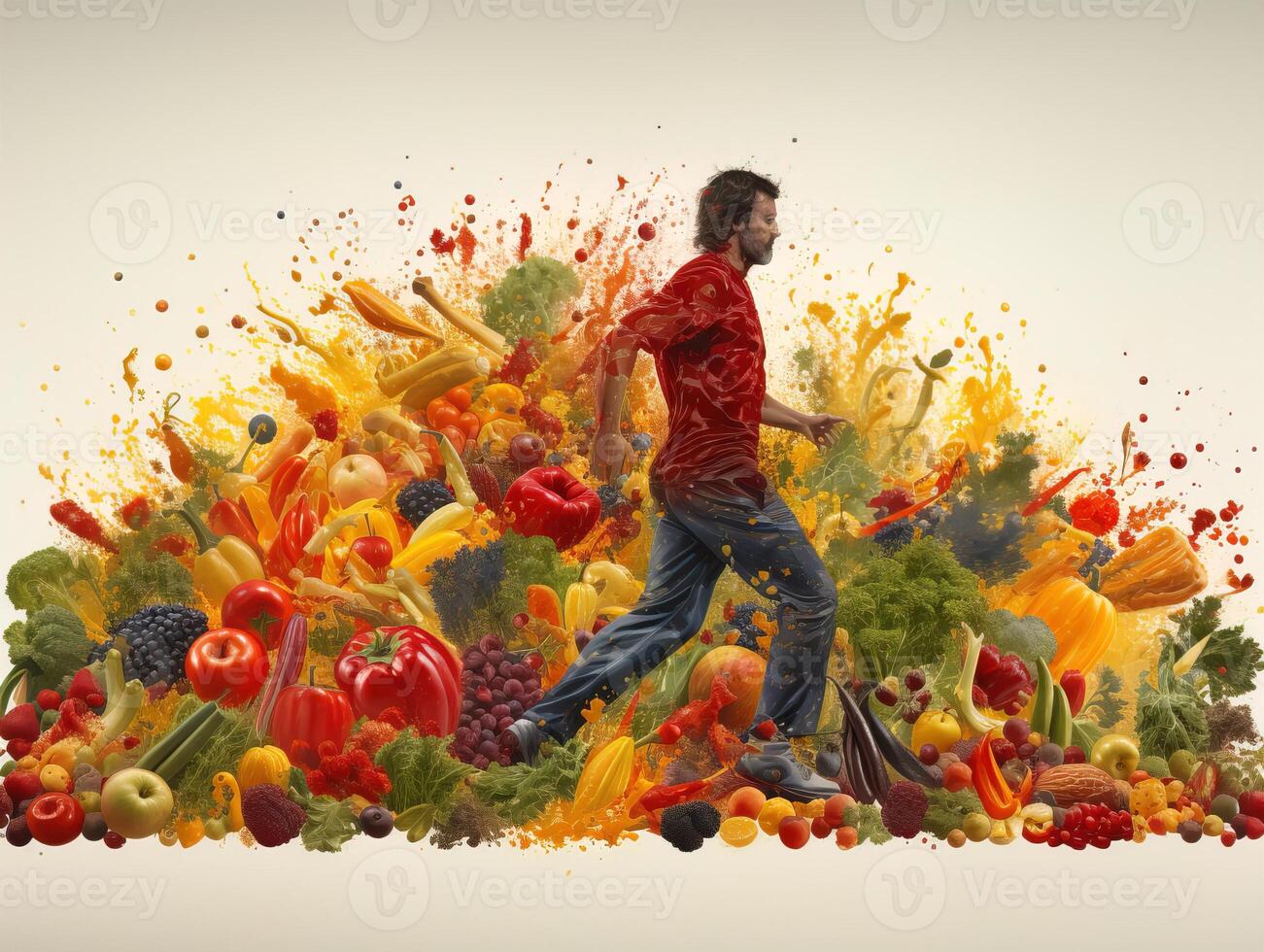 AI generated silhouette of a man running on the background of vegetables and fruits healthy eating Generative AI photo