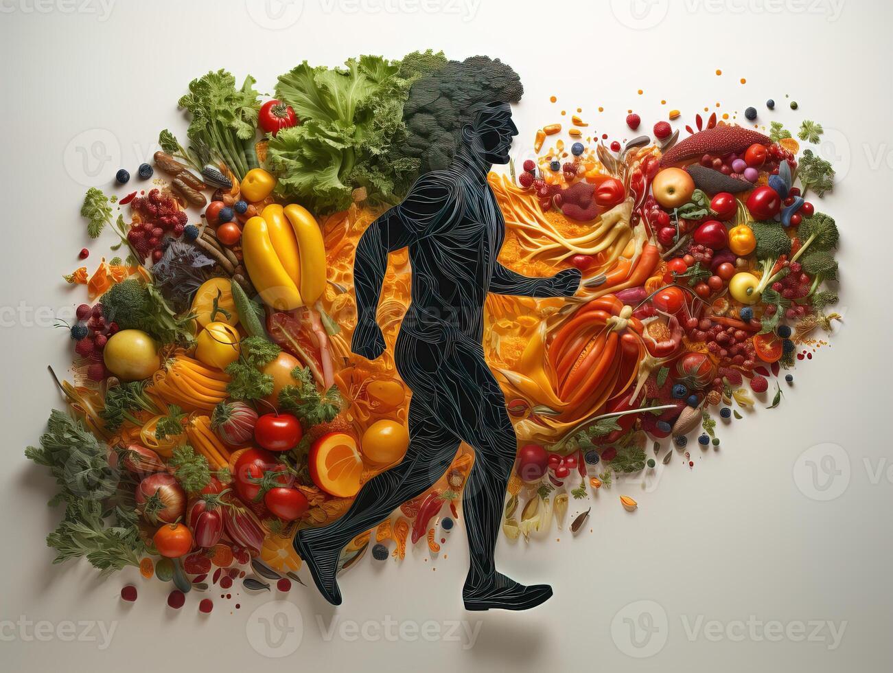 AI generated silhouette of a man running on the background of vegetables and fruits healthy eating Generative AI photo