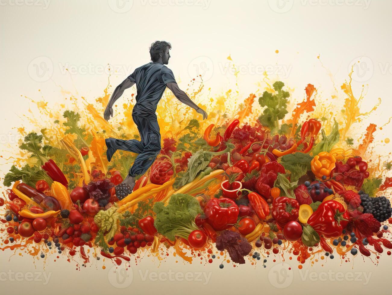 AI generated silhouette of a man running on the background of vegetables and fruits healthy eating Generative AI photo