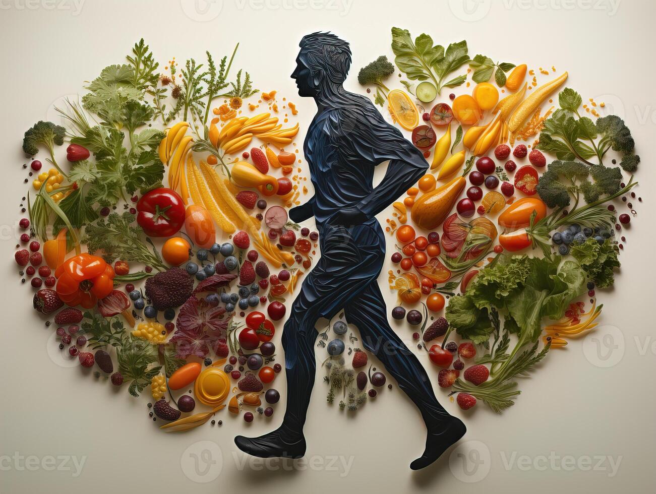 AI generated silhouette of a man running on the background of vegetables and fruits healthy eating Generative AI photo