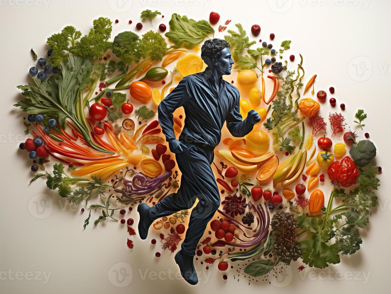 AI generated silhouette of a man running on the background of vegetables and fruits healthy eating Generative AI photo