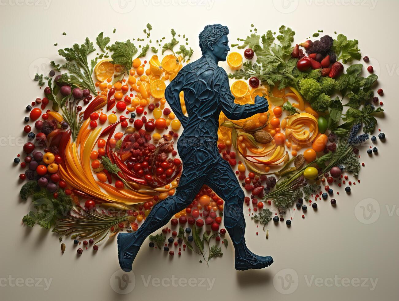 AI generated silhouette of a man running on the background of vegetables and fruits healthy eating Generative AI photo