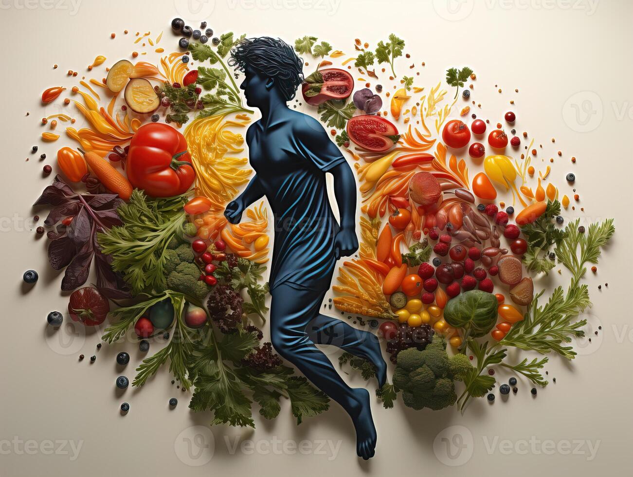 AI generated silhouette of a man running on the background of vegetables and fruits healthy eating Generative AI photo