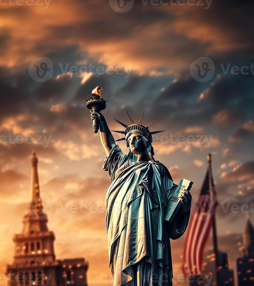 AI generated Statue of Liberty against the backdrop of the sunset city Generative AI photo