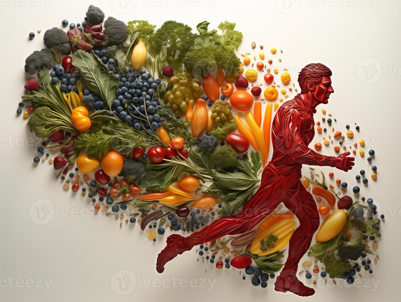 AI generated silhouette of a man running on the background of vegetables and fruits healthy eating Generative AI photo