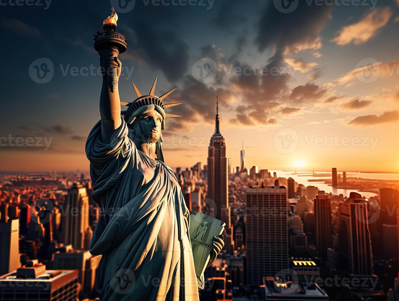 AI generated Statue of Liberty against the backdrop of the sunset city Generative AI photo