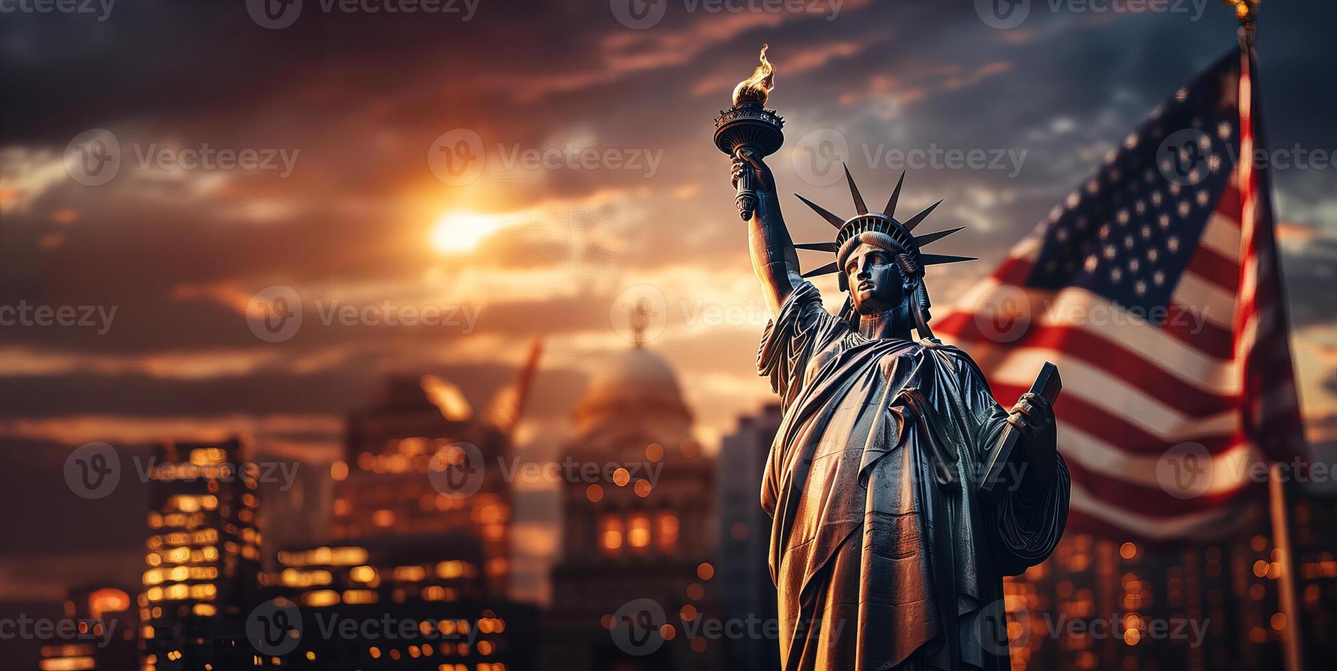 AI generated Statue of Liberty against the backdrop of the sunset city Generative AI photo