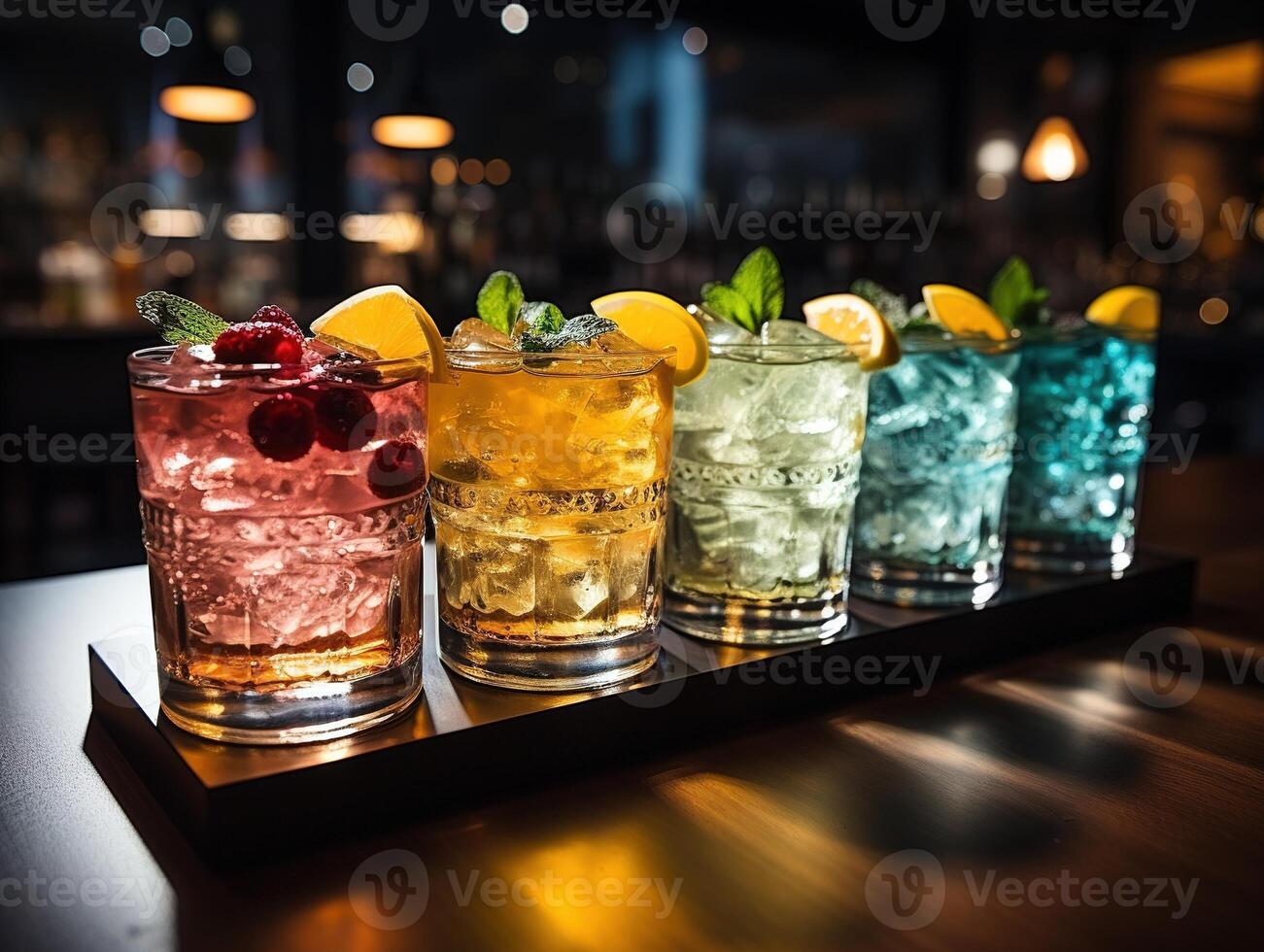 AI generated multi-colored cocktails with fruits on the bar Generative AI photo