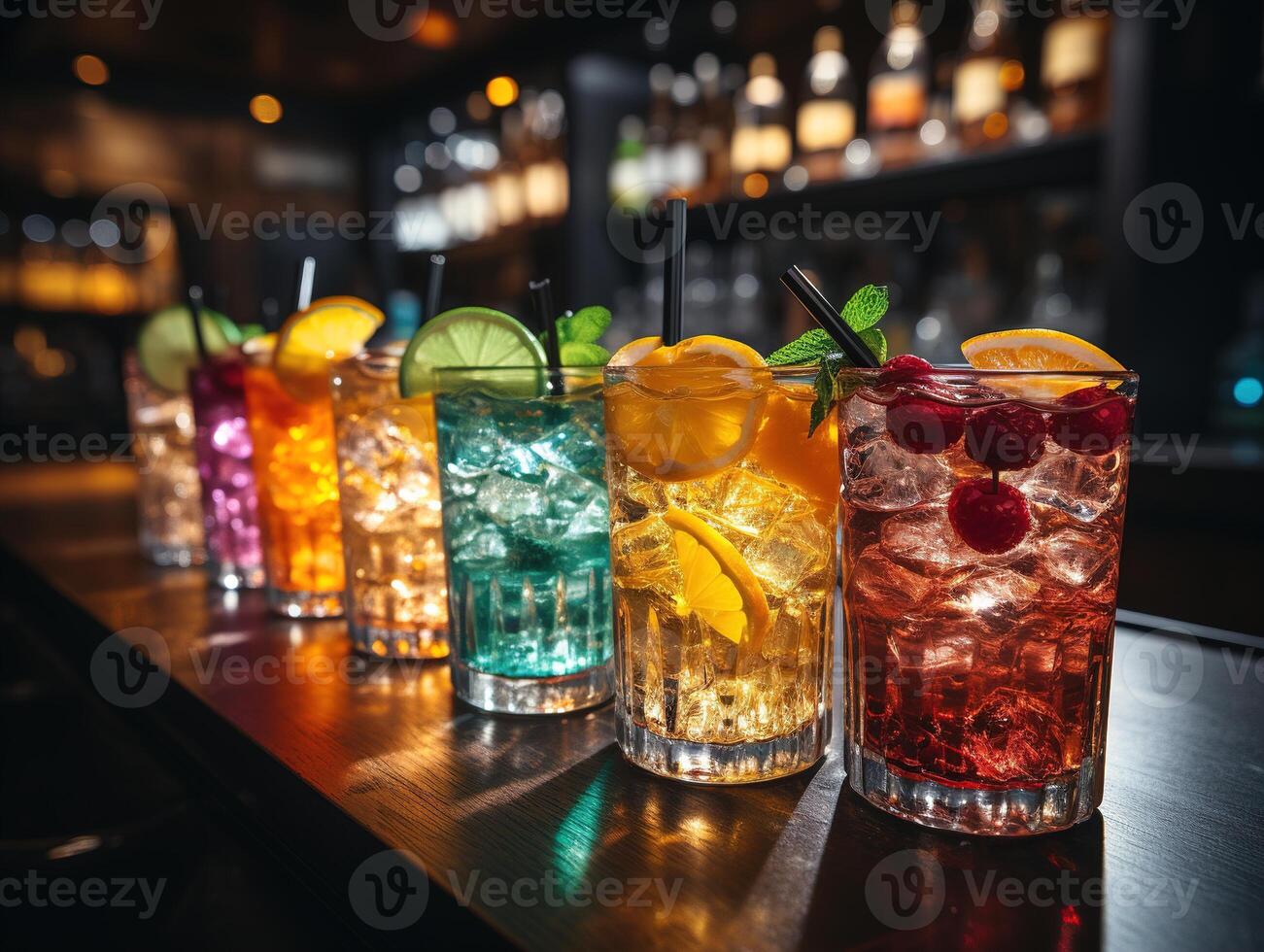 AI generated multi-colored cocktails with fruits on the bar Generative AI photo
